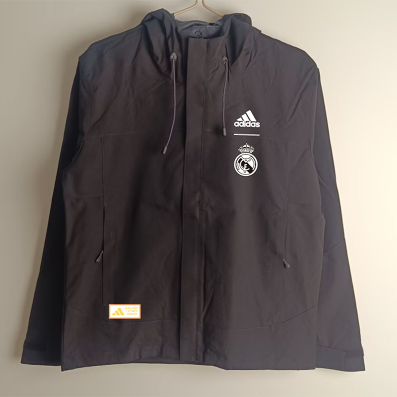 Real Madrid Black Hooded Rain Jacket