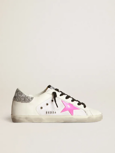 golden goose Super-Star sneakers in white leather and canvas with shocking-pink leather star