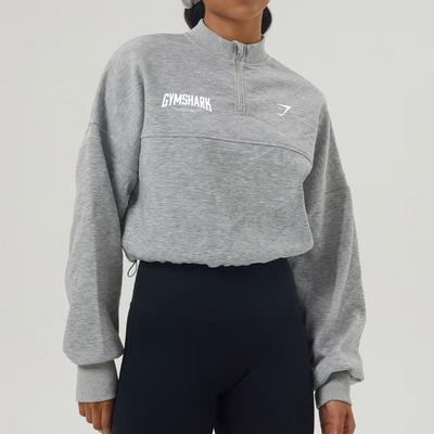 GYMSHARK WOMENS CROPPED HALF-ZIP ATHLETIC SWEATSHIRT LIGT GREY
