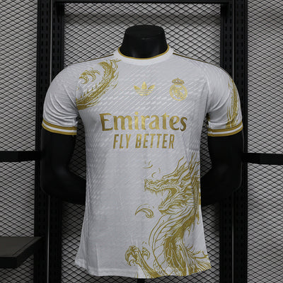 REAL MADRID WHITE AND GOLD DRAGON PLAYER VERSION JERSEY 2024/2025 tm
